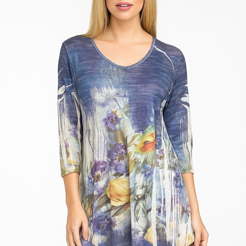 Jess & Jane Paloma Rhinestone Tunic Size Small Blue Floral 3/4 Sleeves Artsy